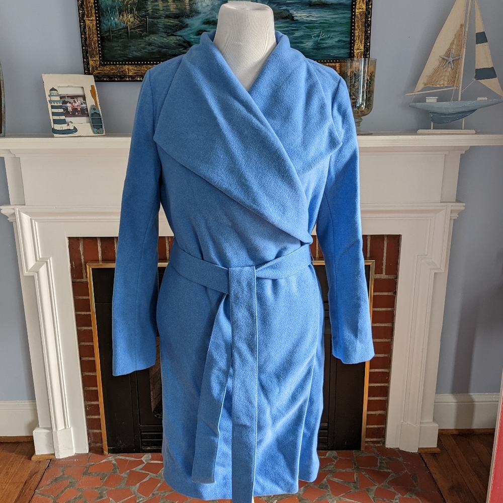 ❄️ NWT Alfani Wool Blend Belted Wrap Coat in Glazed Cobalt, Size L/XL